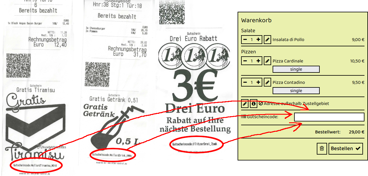 Beispiel für Gutscheincodes auf Rechnungszetteln von Pizzeria da Piero in Graz Griesgasse 34 – drei Rechnungen mit individuellen Gutscheincodes, die im Online-Warenkorb des Restaurants eingegeben werden können.